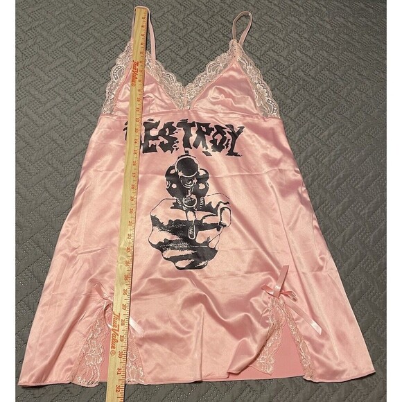 Vintage Arcane Destroy Havoc Logo Pink Satin Lace Slip Dress Nightgown - Picture 10 of 15